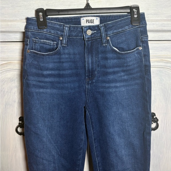 Paige Cindy Crop Dark Wash Straight Leg Raw Hem Stretch Classic - Picture 6 of 9